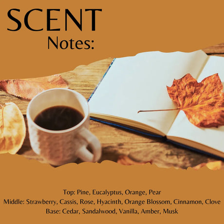 Scent Notes graphic with a warm brown background and a styled photo of an open book with a leaf, a cup of coffee, and a pastry. Text lists fragrance notes: Pine, Eucalyptus, Orange, Pear, Strawberry, Cassis, Rose, Hyacinth, Orange Blossom, Cinnamon, Clove, Cedar, Sandalwood, Vanilla, Amber, and Musk.
