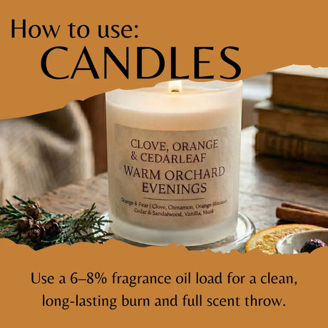 An informational graphic with the heading 'How to use: CANDLES' over a photo of a lit candle labeled 'Clove, Orange & Cedarleaf Warm Orchard Evenings.' The design uses a warm tan/orange background and text, with the candle shown on a tabletop with books, evergreen branches, and a cookie as styled props.