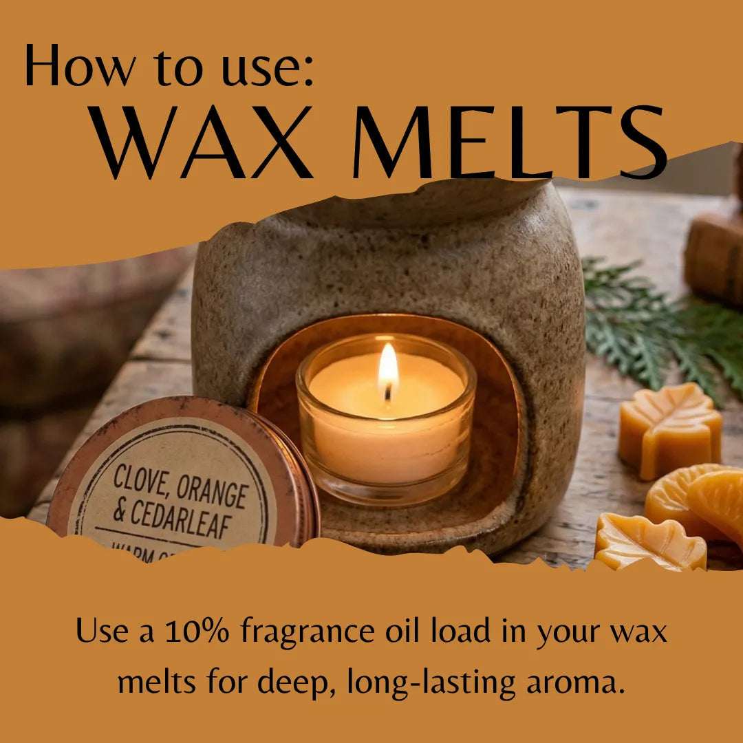 An informational graphic titled 'How to use: WAX MELTS' shows a small lit candle inside a rustic ceramic wax warmer, with a round product tin labeled 'CLOVE, ORANGE & CEDARLEAF' in the foreground and additional wax melts on a wooden surface.