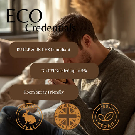 A man in a cozy room wearing a gray knit sweater, with large text overlays reading 'ECO Credentials' and feature callouts including 'EU CLP & UK GHS Compliant', 'No UFI Needed up to 5%', and 'Room Spray Friendly'. Three circular badges at the bottom say 'Rabbit Free', 'Made in UK Made in UK', and '100% Vegan'.
