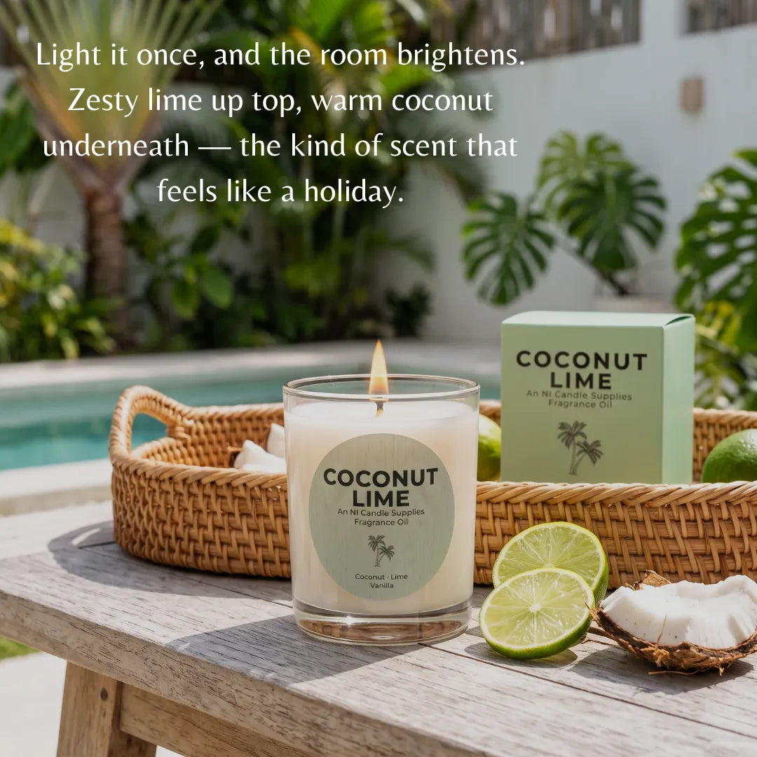 A lit coconut lime scented candle in a clear glass jar sits on a wooden table outdoors by a pool, with a wicker basket, lime slices, coconut, and the product box behind it. White text at the top describes the scent and fragrance notes.