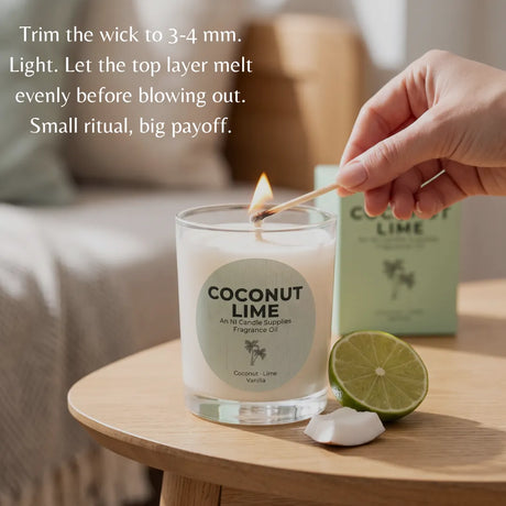 A hand lights a candle in a clear glass jar on a wooden table, with a matching product box and lime slices in the background. White text at the top reads, 'Trim the wick to 3-4 mm.