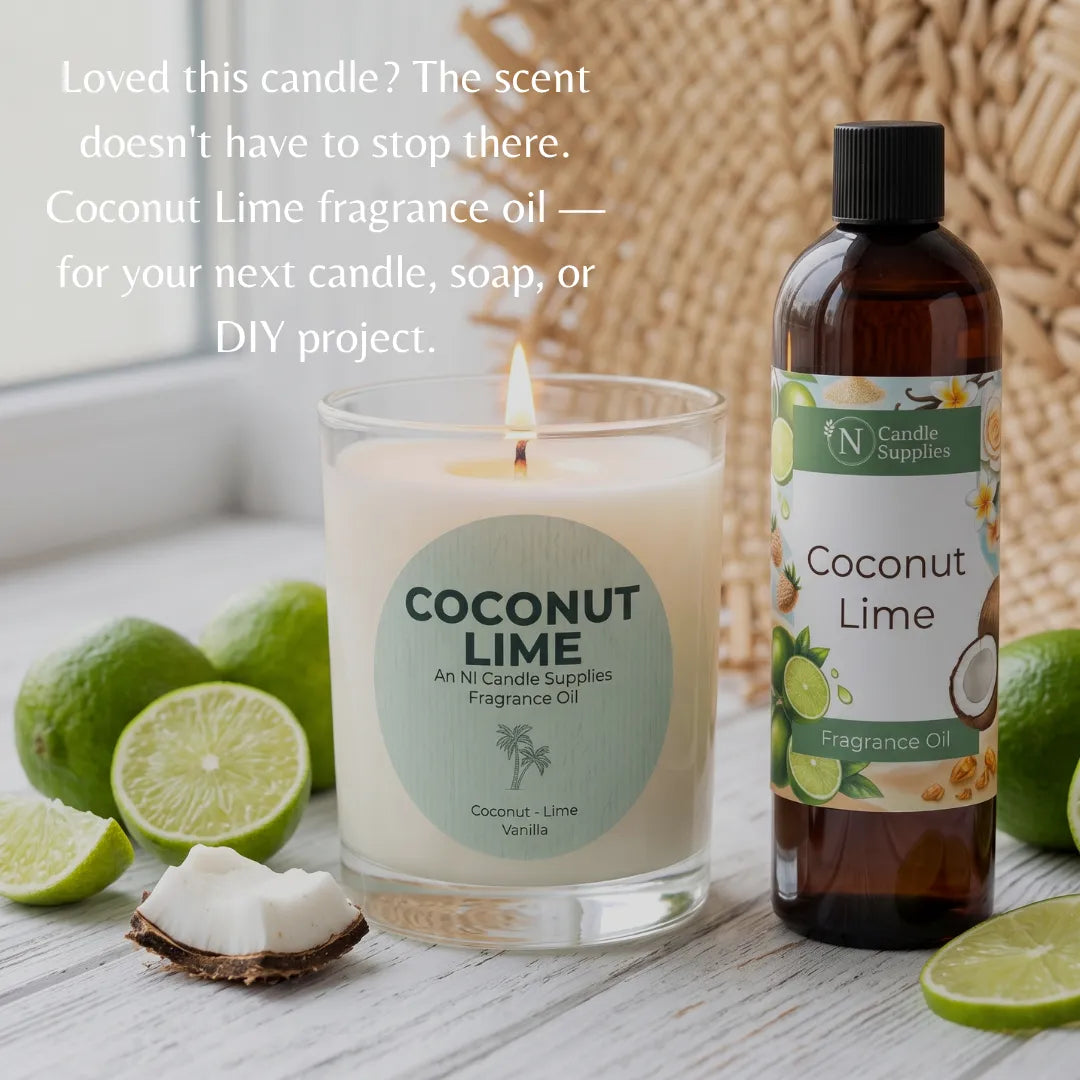 A lit coconut-lime scented candle in a clear glass jar sits beside a matching bottle of fragrance oil on a light wood surface, with limes, a coconut half, and a woven basket backdrop. Text on the left reads, 'Loved this candle? The scent doesn't have to stop there.