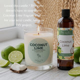 A lit coconut-lime scented candle in a clear glass jar sits beside a matching bottle of fragrance oil on a light wood surface, with limes, a coconut half, and a woven basket backdrop. Text on the left reads, 'Loved this candle? The scent doesn't have to stop there.