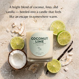 A coconut-lime fragrance oil candle in a clear glass jar, surrounded by sliced limes, coconut pieces, and vanilla beans on a light stone surface. Text at the top describes the scent as a bright blend of coconut, lime, and vanilla.