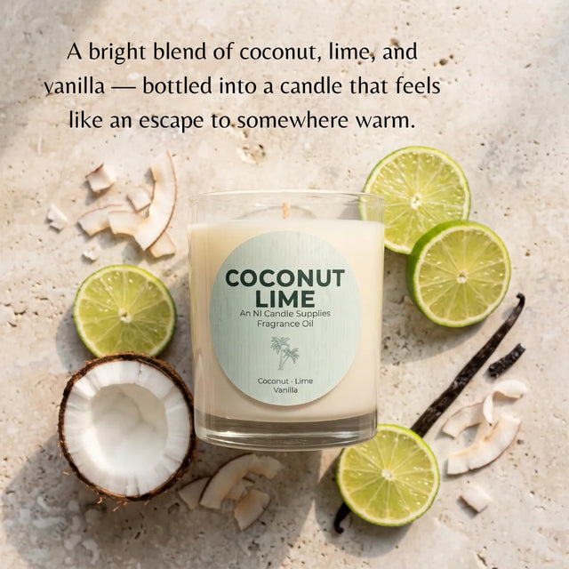A coconut-lime fragrance oil candle in a clear glass jar, surrounded by sliced limes, coconut pieces, and vanilla beans on a light stone surface. Text at the top describes the scent as a bright blend of coconut, lime, and vanilla.
