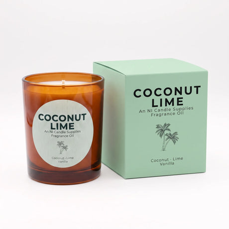 An amber glass jar candle with a white circular label next to its mint green packaging box, both printed with the text 'COCONUT LIME' and 'Coconut-Lime Vanilla' with a small palm tree illustration. The brand 'An Ni Candle Supplies' is visible on both the label and the box.