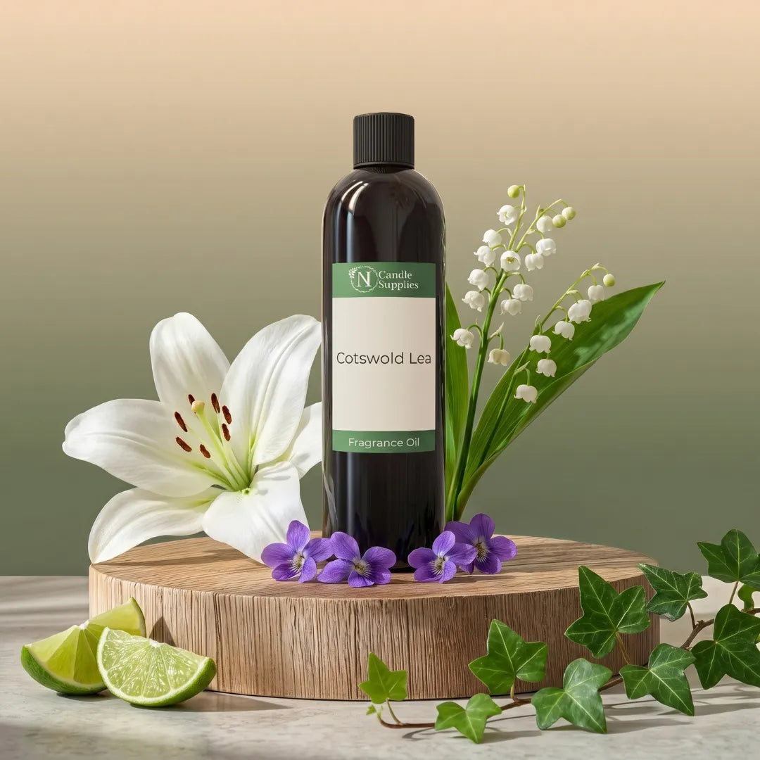 Cotswold Lee fragrance oil bottle with flowers and limes on a wooden stand