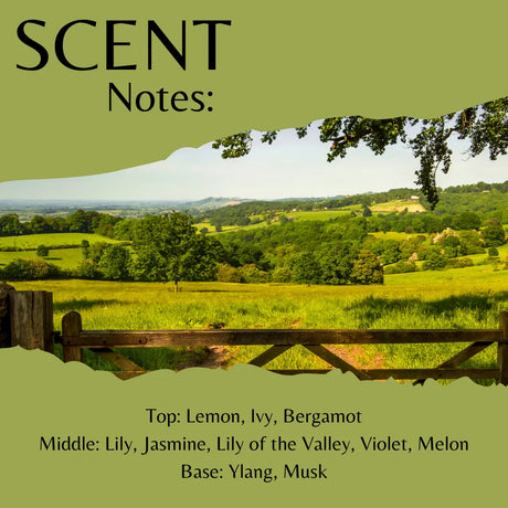 Scenic view of a green field with trees and mountains, overlaid with text about 'Scent Notes' on a green background.