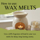 Wax melt burner with lit candle and jar of wax melts on a light background