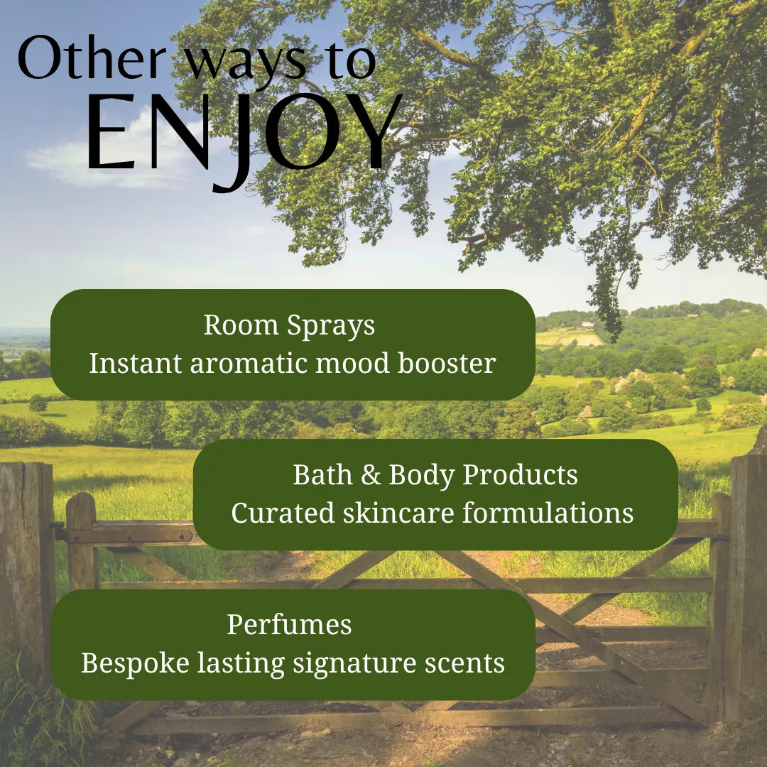 Advertisement for room sprays, bath & body products, and perfumes with a scenic background.