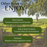 Advertisement for room sprays, bath & body products, and perfumes with a scenic background.