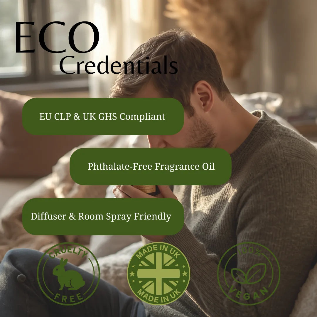 Man holding a diffuser with eco-friendly product features highlighted on a blurred background