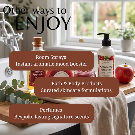 A promotional graphic for a wellness or spa product collection, featuring a bathroom setting with a bathtub, window, and decorative props. Visible products include a Cranberry Appleton room spray bottle, a bath and body lotion bottle, and a small jar, overlaid with text reading 'Other ways to ENJOY' and categories: 'Room Sprays,' 'Bath & Body Products,' and 'Perfumes.