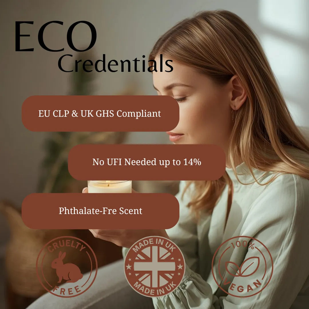 A woman in a light green top holds a lit candle while promotional text reads 'ECO Credentials' with compliance and certification badges. The image is a designed marketing graphic rather than a clean product shot.