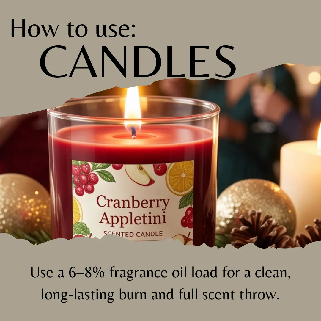 A lit red scented candle in a clear glass jar with a Cranberry Appletini label, shown in a styled holiday scene with ornaments and pinecones. Large text at the top reads 'How to use: CANDLES' and text at the bottom explains fragrance oil load usage.