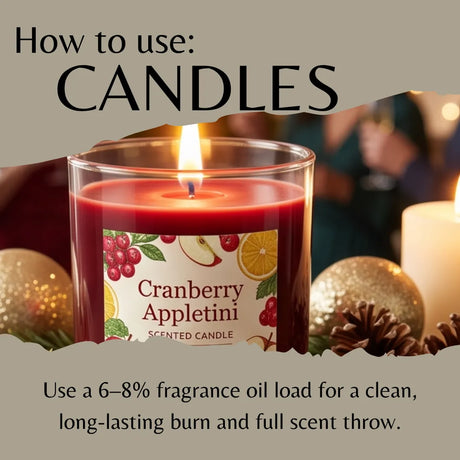 A lit red scented candle in a clear glass jar with a Cranberry Appletini label, shown in a styled holiday scene with ornaments and pinecones. Large text at the top reads 'How to use: CANDLES' and text at the bottom explains fragrance oil load usage.