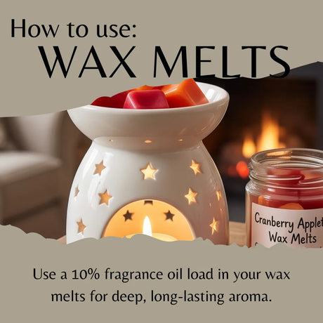 A promotional graphic showing a white ceramic wax warmer with star cutouts and wax melts inside, alongside a glass jar labeled Cranberry Apple Wax Melts. Large text at the top reads 'How to use: WAX MELTS' and text at the bottom explains using fragrance oil load for deep, long-lasting aroma.