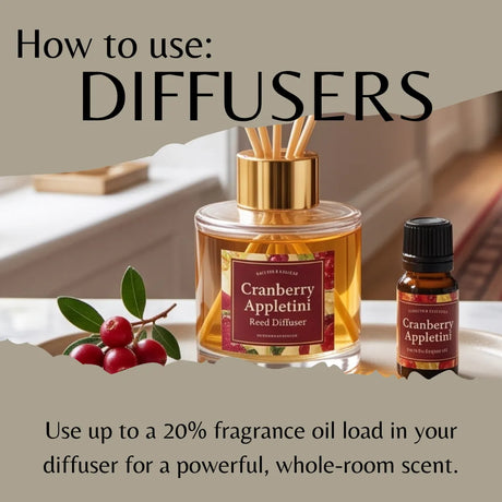 A product infographic showing a cranberry appletoni reed diffuser and a small fragrance oil bottle. The image includes text overlays explaining how to use diffusers, with a warm, softly lit background depicting a home interior.