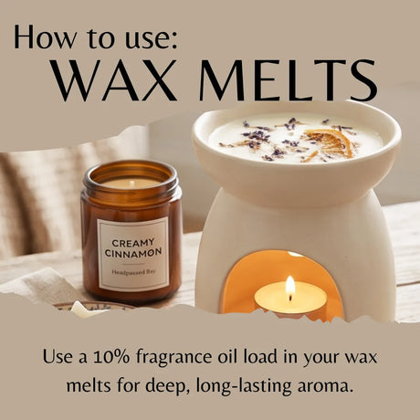 Instructional graphic titled 'How to use: WAX MELTS' showing a candle jar labeled 'Creamy Cinnamon' next to a white wax warmer with a lit tea light candle. Text explains using fragrance oil load in wax melts for deep, long-lasting aroma.