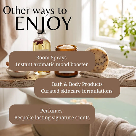 Promotional graphic for a spa or wellness product collection, featuring a bottle of room spray, a small jar, and a round bath bomb on a wooden ledge beside a bathtub. Large text reads 'Other ways to ENJOY' with bullet points for 'Room Sprays,' 'Bath & Body Products,' and 'Perfumes.