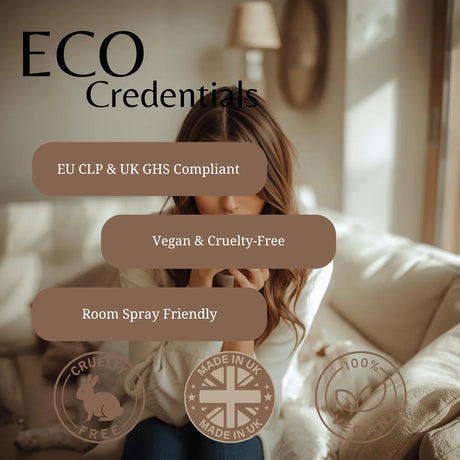 A promotional graphic for 'ECO Credentials' featuring a woman sitting on a beige sofa in a softly lit room. Three rounded brown text boxes highlight product claims: 'EU CLP & UK GHS Compliant', 'Vegan & Cruelty-Free', and 'Room Spray Friendly'.