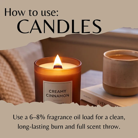 Instructional graphic titled 'How to use: CANDLES' showing a lit amber glass candle labeled 'Creamy Cinnamon' on a table beside a mug and book, with text about fragrance oil load and burning.