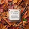 A clear plastic clamshell package labeled 'Creamy Cinnamon Wax Melt Samples' by Candle Supplies, placed on a styled flat lay of autumn leaves, cinnamon sticks, star anise, vanilla beans, and almonds. The product packaging is centered against a warm, textured background of brown and orange leaves.