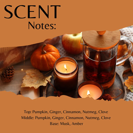 Scent profile graphic for an autumnal tea blend, titled 'SCENT Notes:'. The top half shows a styled still life with a glass teapot, two lit candles, pumpkins, and fall leaves on a tray.