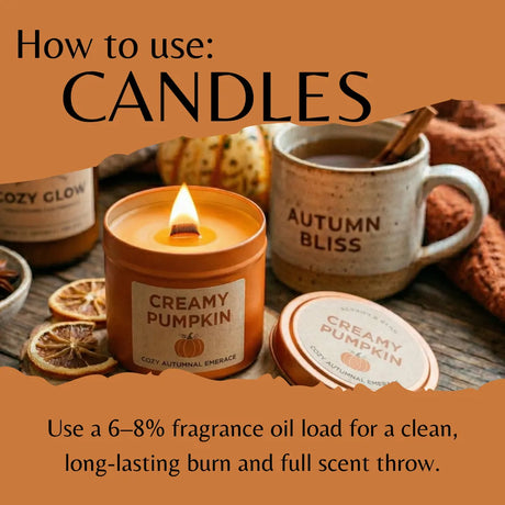 A styled product graphic showing a lit orange candle labeled 'Creamy Pumpkin' with text overlays explaining candle use. The candle is placed on a rustic wooden surface beside a mug reading 'Autumn Bliss,' dried orange slices, and other seasonal props.