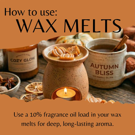 An instructional graphic titled 'How to use: WAX MELTS' shows a warm ceramic wax warmer with a candle inside, surrounded by a mug labeled 'AUTUMN BLISS,' dried citrus slices, star anise, and a bottle labeled 'COZY GLOW.' Text explains using a 10% fragrance oil load for deep, long-lasting aroma.