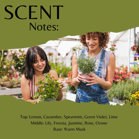 A scent profile graphic titled 'SCENT Notes:' with a green background and a torn-paper style photo showing two women in a flower garden holding small potted plants. Text lists fragrance notes: lemon, cucumber, spearmint, green violet, lime, lily, freesia, jasmine, rose, ozone, and warm musk.