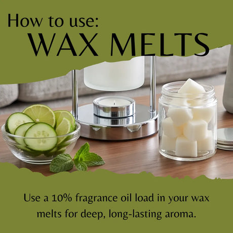 Instructional graphic titled 'How to use: WAX MELTS' showing a candle warmer setup on a wooden table with a glass jar of wax melts, a bowl of sliced limes and mint, and a candle holder. Text advises using a 10% fragrance oil load for deep, long-lasting aroma.