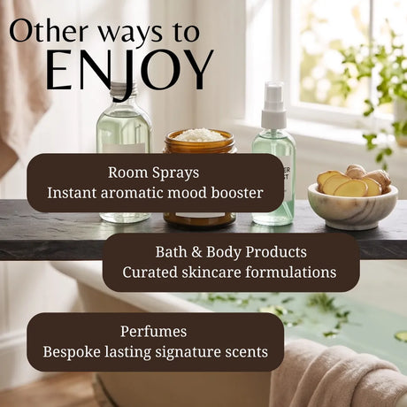 Promotional graphic for home fragrance and skincare products, featuring room sprays, bath & body products, and perfumes arranged on a shelf in a softly lit bathroom setting. Large text reads 'Other ways to ENJOY' with three dark brown callout boxes listing the categories.