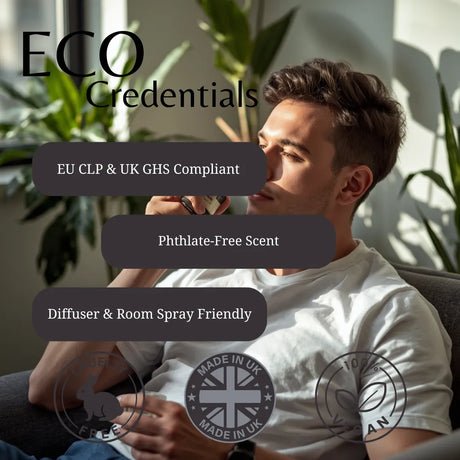A man in a white t-shirt sits on a couch in a sunlit room, with large text overlays reading 'ECO Credentials' and feature callouts including 'EU CLP & UK GHS Compliant', 'Phthalate-Free Scent', and 'Diffuser & Room Spray Friendly'.