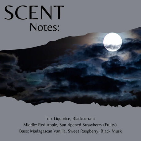 Scent Notes: fragrance artwork showing a dark cloudy night sky with a bright full moon, with text listing top, middle, and base notes including liquorice, blackcurrant, red apple, strawberry, vanilla, raspberry, and black musk.
