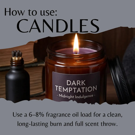Instructional graphic titled 'How to use: CANDLES' showing a lit amber glass candle jar labeled 'DARK TEMPTATION - Midnight Indulgence,' a black bottle with matches, and a black lid on a dark background with text explaining fragrance oil loading.