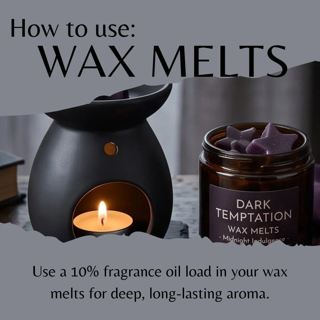 A product explainer graphic for wax melts showing a black diffuser with a lit candle inside and an amber jar of Dark Temptation wax melts labeled 'Midnight Indulgence.' Large text reads 'How to use: WAX MELTS' and explains loading fragrance oil for deep aroma.