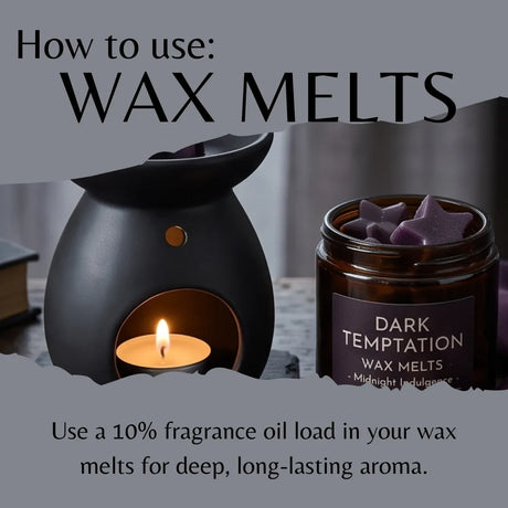 A product explainer graphic for wax melts showing a black diffuser with a lit candle inside and an amber jar of Dark Temptation wax melts labeled 'Midnight Indulgence.' Large text reads 'How to use: WAX MELTS' and explains loading fragrance oil for deep aroma.
