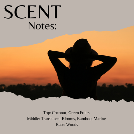 Scent Notes graphic featuring a silhouette of a person wearing a hat against an orange sunset, with text listing fragrance notes: Top: Coconut, Green Fruits; Middle: Translucent Blooms, Bamboo, Marine; Base: Woods.