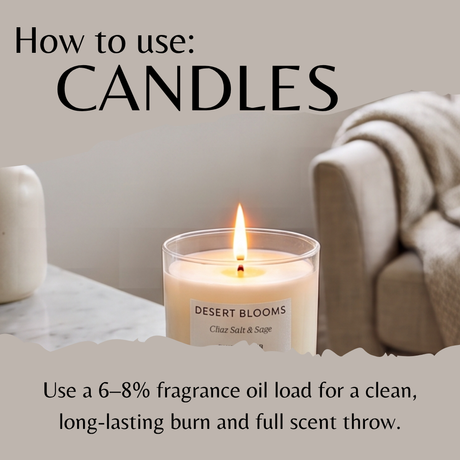 A lit candle in a clear glass jar sits on a marble surface with large text reading 'How to use: CANDLES' and smaller text below about fragrance oil load. The background shows a softly blurred armchair and a white ceramic vessel.