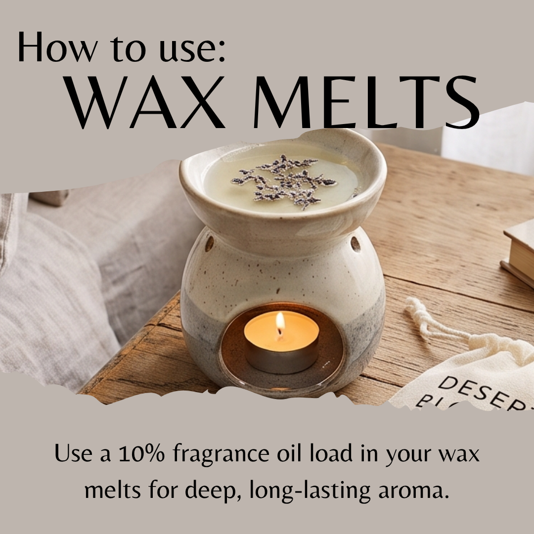 A ceramic wax melt warmer with a lit tea light candle inside, shown on a wooden table with text overlays explaining how to use wax melts.
