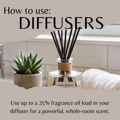 A reed diffuser bottle labeled Desert Blooms sits on a bathroom counter beside a small potted succulent and a folded white towel, with overlaid text reading 'How to use: DIFFUSERS' and usage instructions.