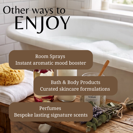 Promotional graphic for bath and body products in a bathroom setting, featuring a bathtub with bubbles, a wooden tray with a sponge, towel, jar, candle, and lavender sprigs, overlaid with text reading 'Other ways to ENJOY' and listing room sprays, bath & body products, and perfumes.