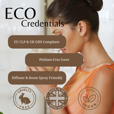 A woman in an orange top holds a glass near her face in a bright indoor setting, with large text reading 'ECO Credentials' and feature callouts including 'EU CLP & UK GHS Compliant', 'Phthalate-Free Scent', and 'Diffuser & Room Spray Friendly'. Three circular badges at the bottom say Cruelty Free, Made in UK Made in UK, and 100% Vegan.