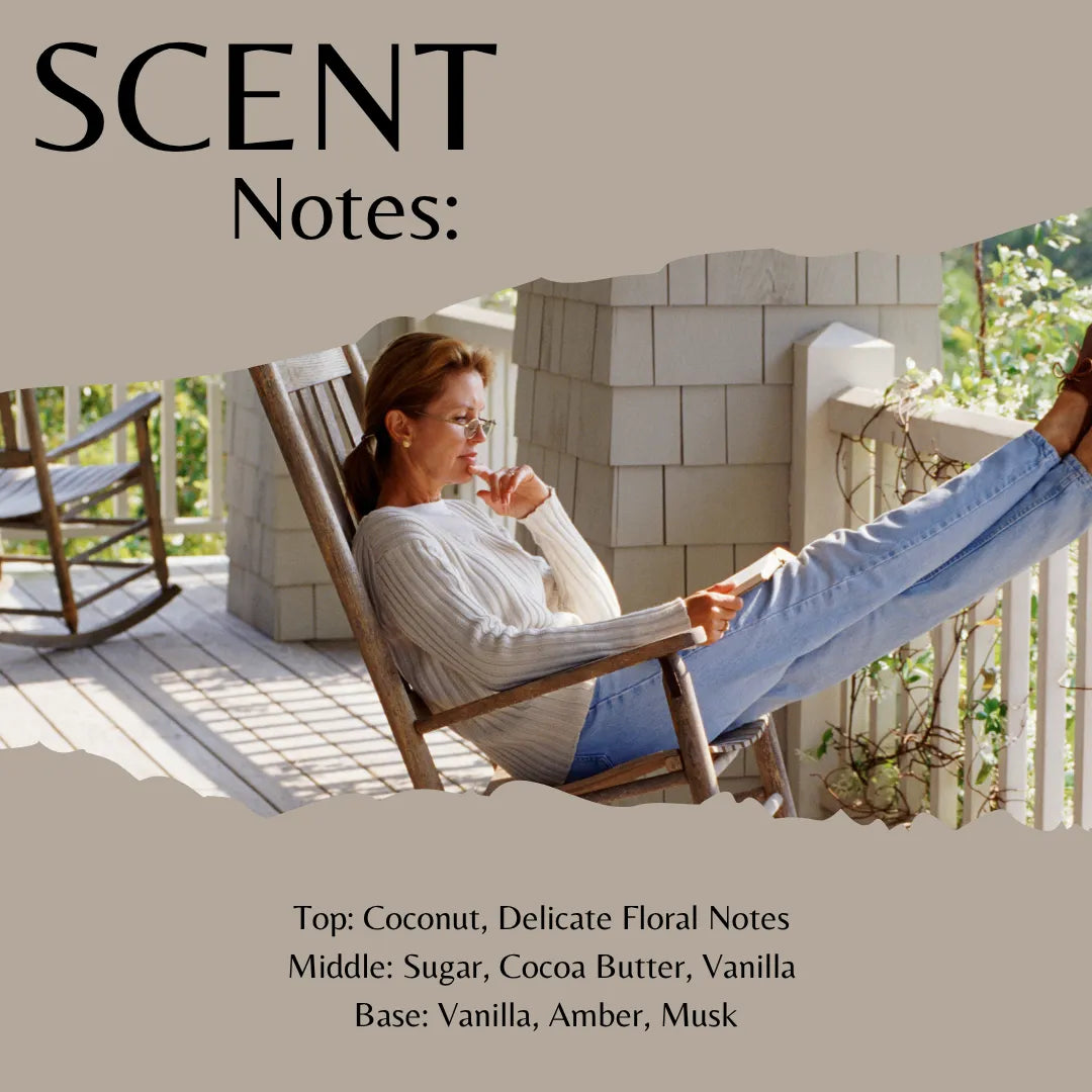 Scent Notes: cover graphic featuring a woman relaxing in a wooden rocking chair on a porch, with scent profile text listing coconut, floral notes, sugar/cocoa butter/vanilla, and vanilla/amber/musk.