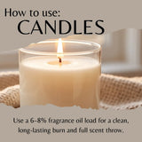 A lit cream-colored candle in a clear glass jar sits on a textured burlap surface with text reading 'How to use: CANDLES' and additional usage instructions below.