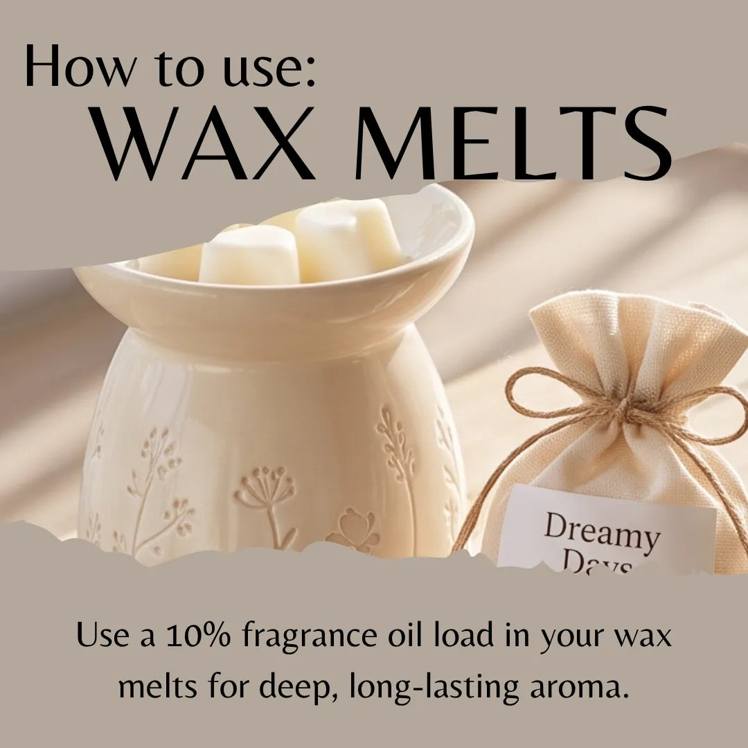 An instructional graphic showing a cream-colored ceramic wax warmer filled with wax melts, alongside a small drawstring bag labeled 'Dreamy Day'. Large text at the top reads 'How to use: WAX MELTS' and the bottom text explains using fragrance oil load.