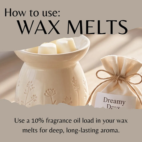 An instructional graphic showing a cream-colored ceramic wax warmer filled with wax melts, alongside a small drawstring bag labeled 'Dreamy Day'. Large text at the top reads 'How to use: WAX MELTS' and the bottom text explains using fragrance oil load.