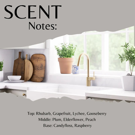A scent notes graphic showing a bright kitchen scene with a sink, faucet, cutting boards, and potted plants, with the text 'SCENT Notes:' at the top and a list of fragrance notes at the bottom.